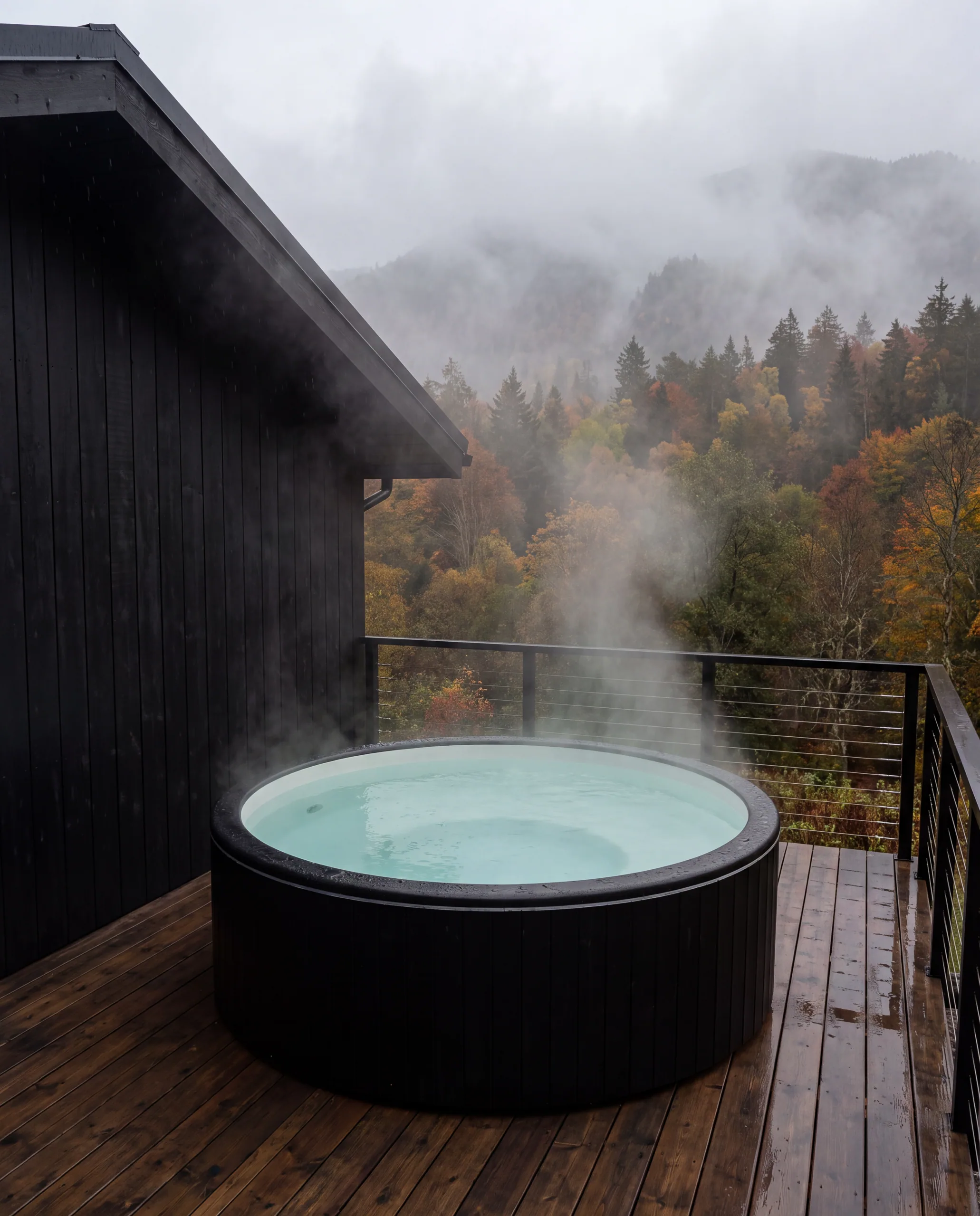 Jacuzzi con vapor en la terraza de la cabaña